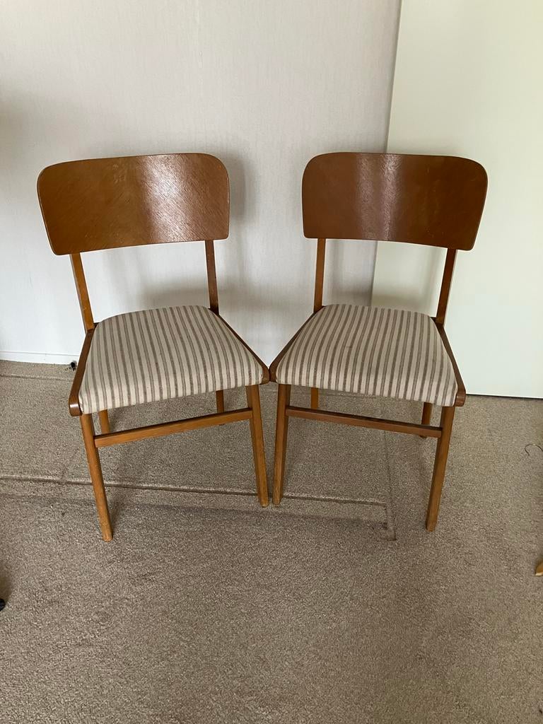 Set van 2 vintage houten stoelen met gestreepte bekleding, Ophalen, Gebruikt, Twee, Bruin