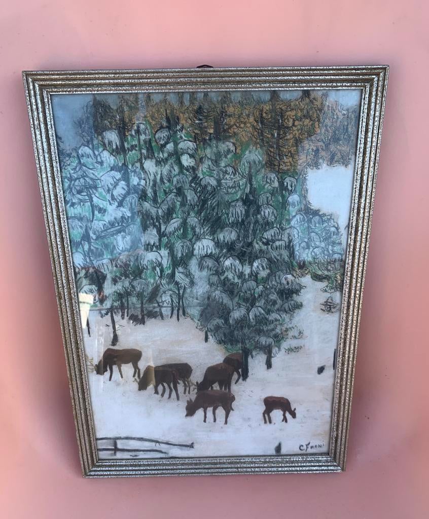 Naïef oliepastel schilderij gesigneerd, Antiek en Kunst, Ophalen of Verzenden