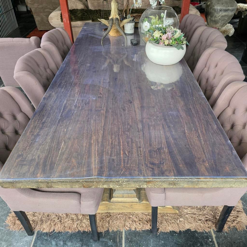 Set van 8 Landelijke Eetkamerstoelen – Gecapitonneerd Taupe., Ophalen, Gebruikt, Bruin, Stof