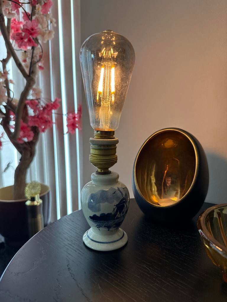 Vintage Delftsblauw Tafellampje met Molen Decoratie, Ophalen of Verzenden