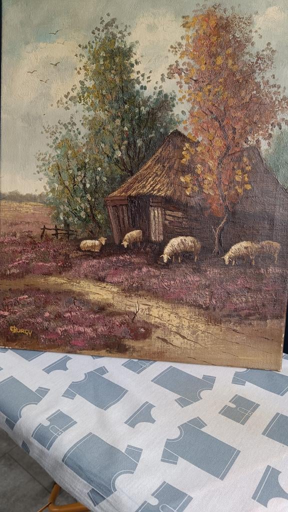 Schilderij: Herfstlandschap met schapen en boerderij, Ophalen of Verzenden