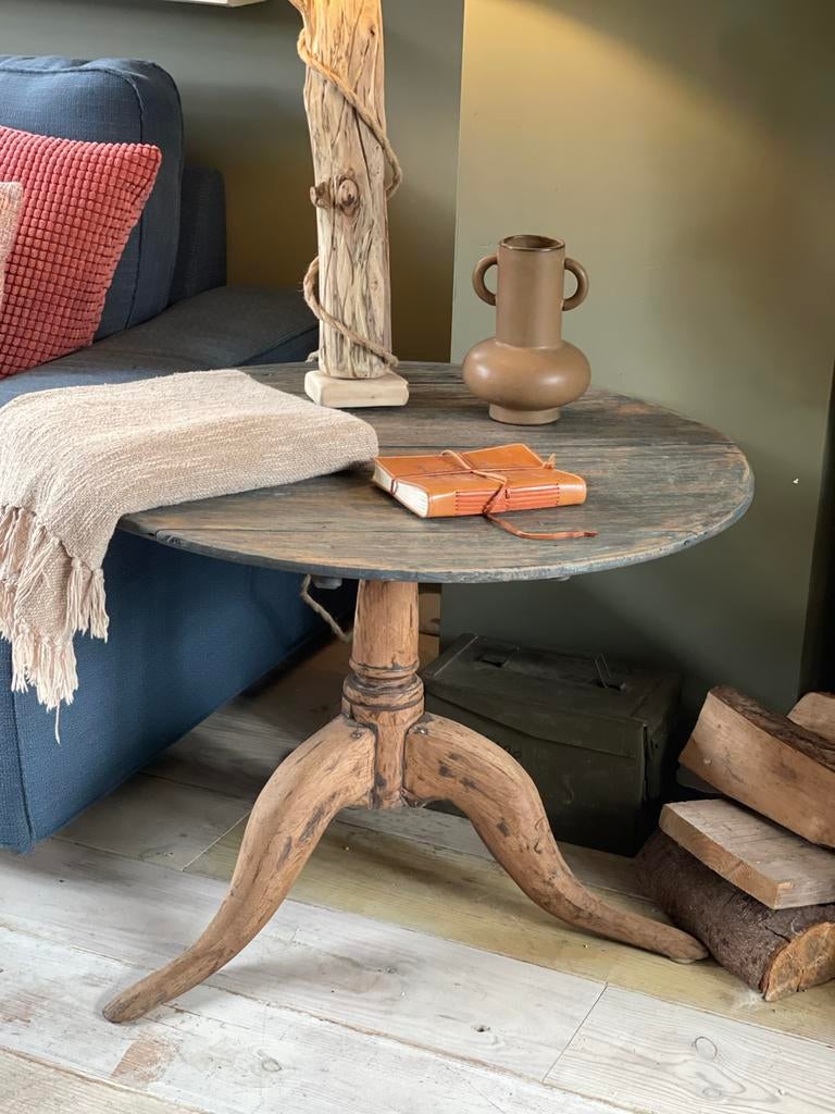 Grote robuuste wijntafel – unieke verouderde look (Ø75 cm), Ophalen of Verzenden