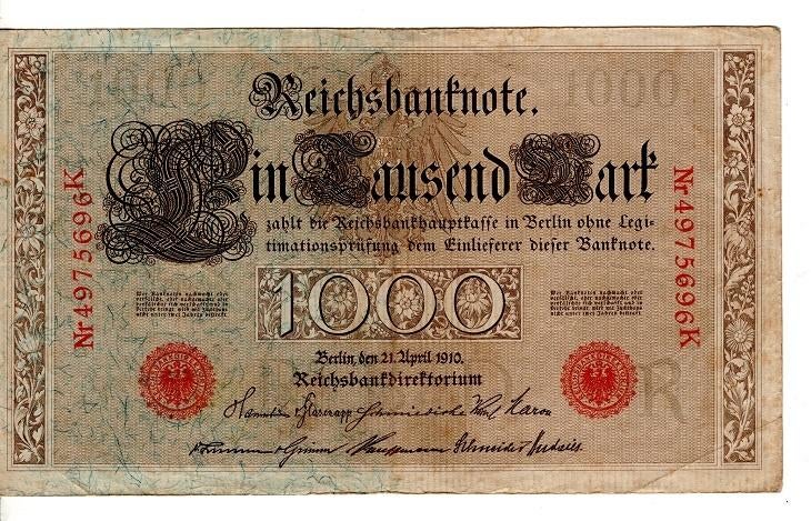 bankbiljet Duitsland 1000 Mark 21 april 1910, Postzegels en Munten, Bankbiljetten | Europa | Niet-Eurobiljetten, Ophalen of Verzenden