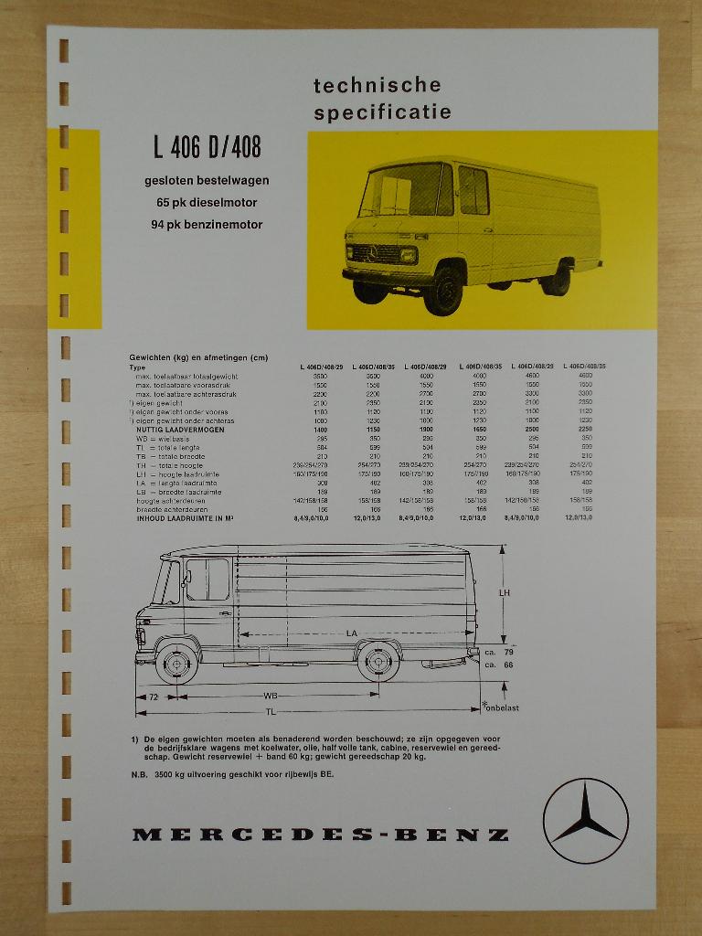 Mercedes 406 D / 408 Technische Specificatie folder 1973 BG, Zo goed als nieuw, Mercedes-Benz, Mercedes, Ophalen of Verzenden