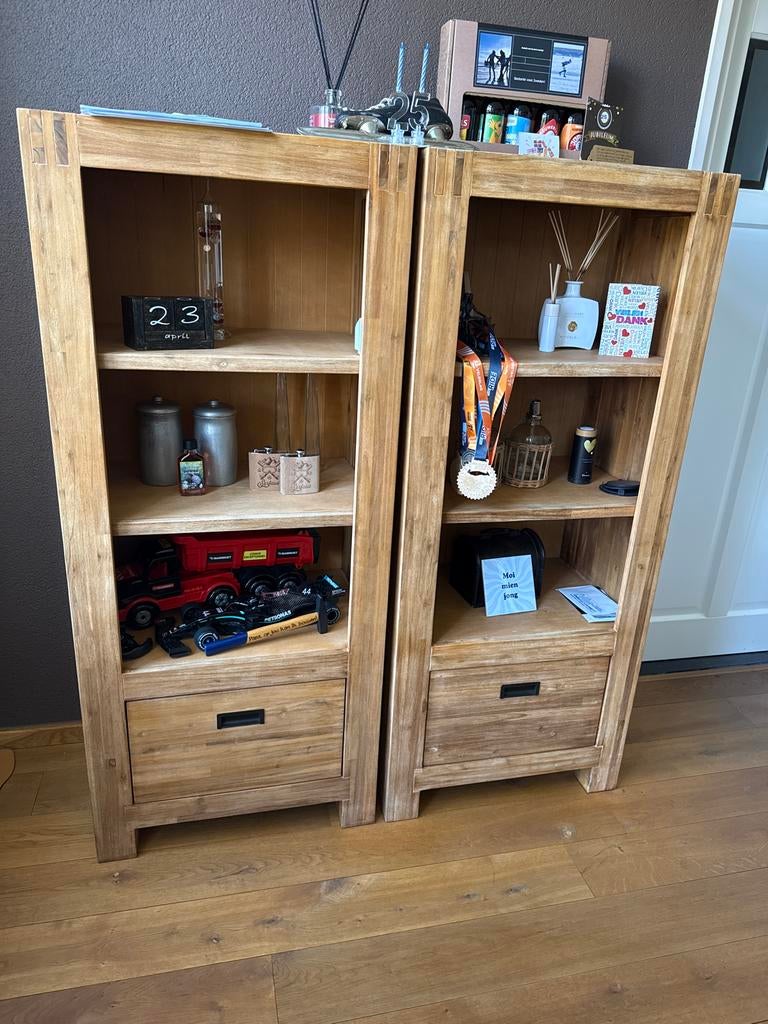 Set van 2 houten kasten met lade en open vakken, Ophalen, Gebruikt, 50 tot 100 cm, Met lade(s)