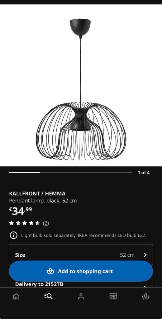 IKEA KALLFRONT / HEMMA Hanglamp, zwart, 52 cm, Ophalen, Zo goed als nieuw, Metaal, 50 tot 75 cm