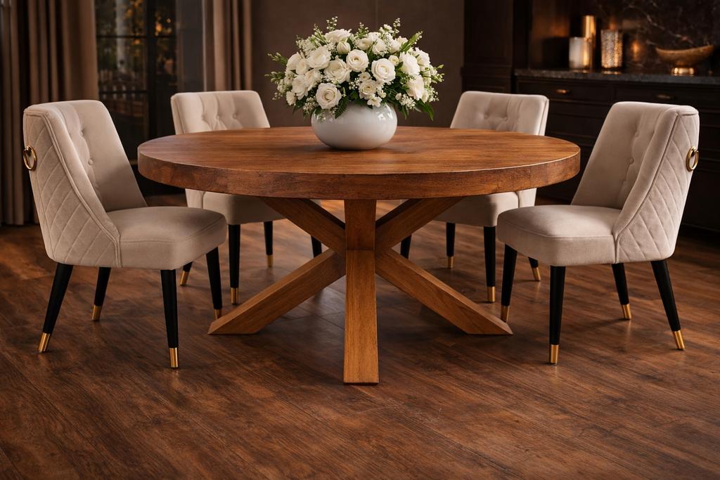 Zeer mooie ronde teak eettafel met spinpoot (170 cm), Ophalen, Gebruikt, 150 tot 200 cm, Vijf personen of meer