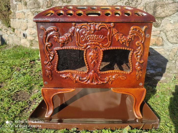 Prachtige franse Faunus Art-deco houtkachel met onderplaat, Huis en Inrichting, Kachels, Gebruikt, Vrijstaand, Houtkachel, Hout