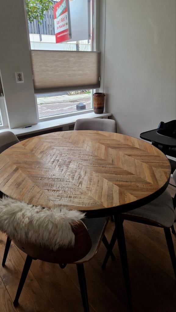 Ronde eettafel hongaarse punt teak en metaal 120cm, Huis en Inrichting, Tafels | Eettafels, Ophalen, Rond, Metaal, Vier personen