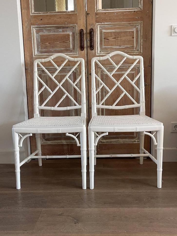 2 faux bamboo bamboe stoelen 70' Jonathan Adler Chippendale, Huis en Inrichting, Stoelen, Zo goed als nieuw, Twee, Hout, Riet of Rotan