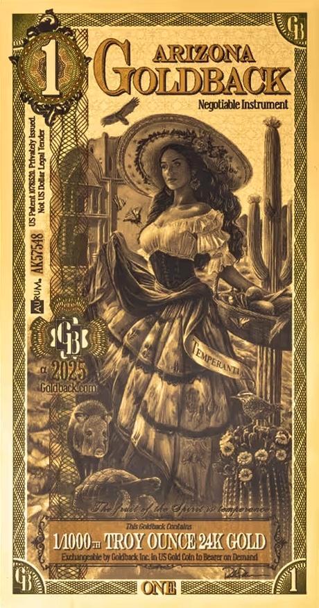 USA 1 goldback Arizona 2025, Postzegels en Munten, Edelmetalen en Baren, Goud, Ophalen of Verzenden
