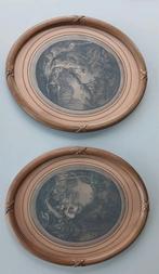 Antieke set prenten in ovale lijst, Antiek en Kunst, Kunst | Etsen en Gravures, Ophalen of Verzenden
