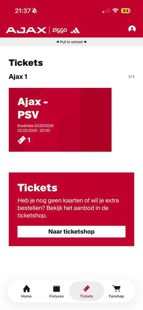 AJAX-PSV 1 TICKET VAK 416, Tickets en Kaartjes, Losse kaart, Eén persoon, April, Europa of Champions League