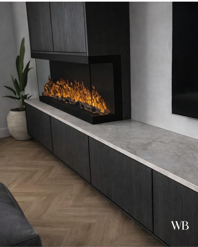 Modern TV meubel op maat met ronde hoek | haard mogelijk, Huis en Inrichting, Kasten | Televisiemeubels, 200 cm of meer, Nieuw