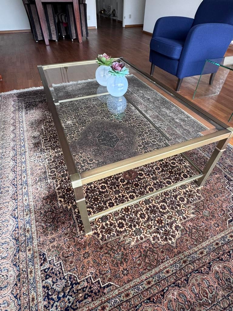 Salontafel messing glas, Ophalen, Gebruikt, 100 tot 150 cm, 50 tot 100 cm