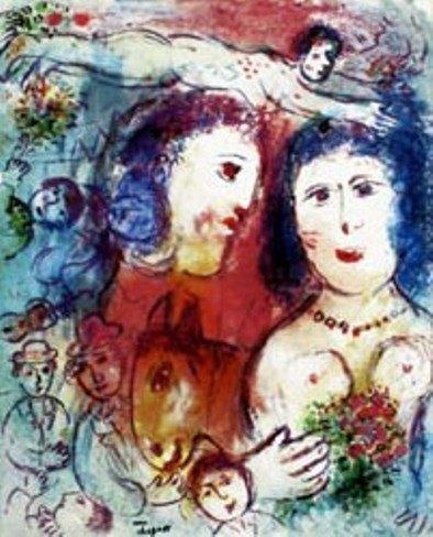 Marc Chagall (1887) Kleur Zink Ets " Het Huwelijk " Gen Ges, Ophalen of Verzenden