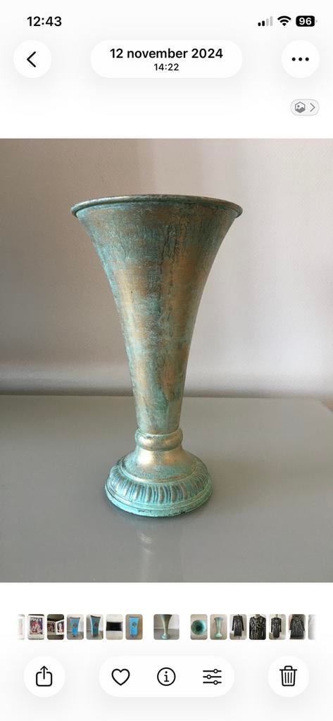 Aqua/goudkleurige decoratieve vaas, Huis en Inrichting, Woonaccessoires | Vazen, Ophalen, Overige kleuren, Overige materialen