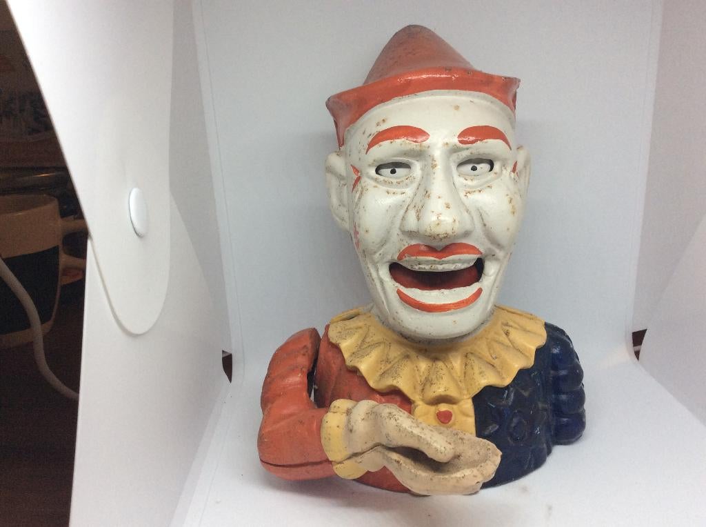 Gietijzeren Mechanische Pierrot Spaarpot.hoogte 17 cm, Verzamelen, Ophalen of Verzenden, Gebruikt, Metaal of Blik, Overige thema's