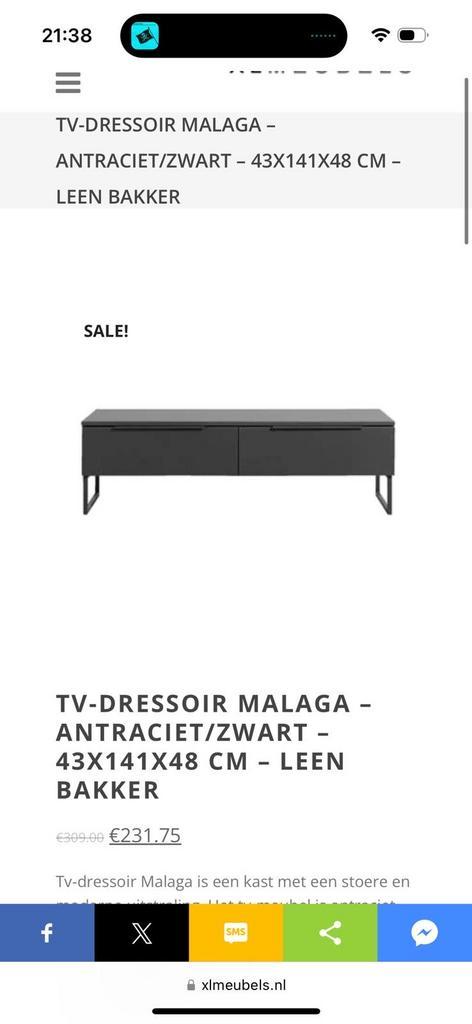 TV-dressoir Malaga Leen Bakker antraciet - direct ophalen, Huis en Inrichting, Kasten | Televisiemeubels, Gebruikt, Minder dan 100 cm
