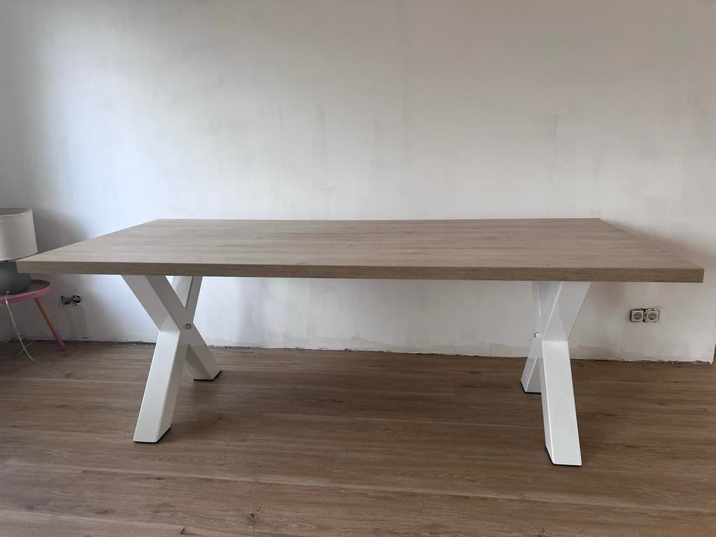 Eettafel 220x100 met witte X-poten, Ophalen, Gebruikt, 100 tot 150 cm, 200 cm of meer