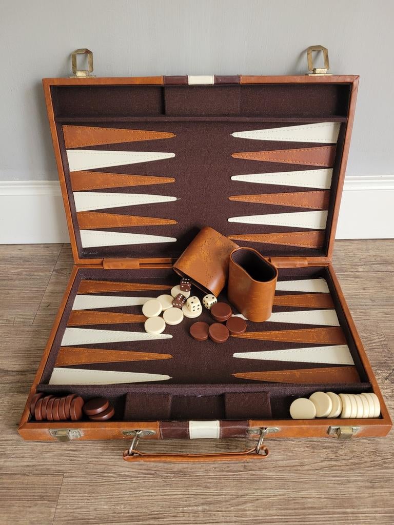 Antiek/vintage bordspel Backgammon in lederen koffer., Ophalen of Verzenden