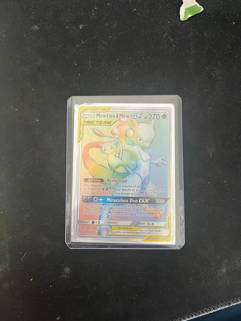 Mewtwo & Mew GX TAG TEAM Pokémon Kaart (Rainbow Rare)(nep), Ophalen of Verzenden, Zo goed als nieuw, Losse kaart, Foil