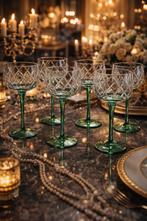 Franse Vintage kristallen glazen met groene steel, Ophalen of Verzenden