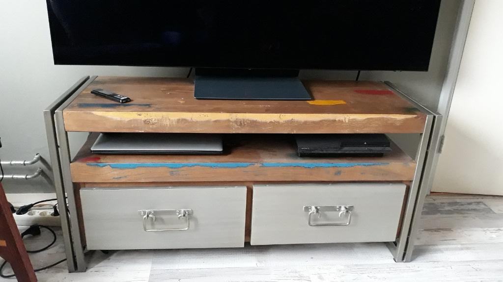 Houten tv-meubel, Huis en Inrichting, Kasten | Televisiemeubels, Ophalen, (industriële stijl), 100 tot 150 cm, Teakhout