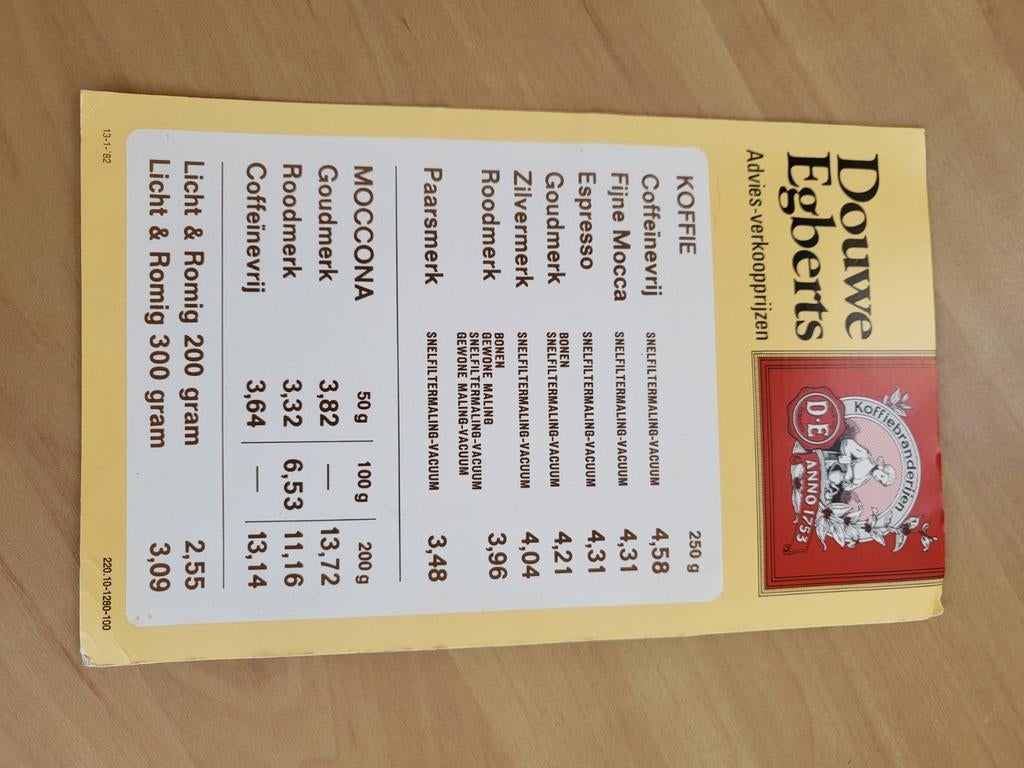 Vintage Douwe Egberts Advies-verkoopprijzen 1982, Verzamelen, Ophalen of Verzenden