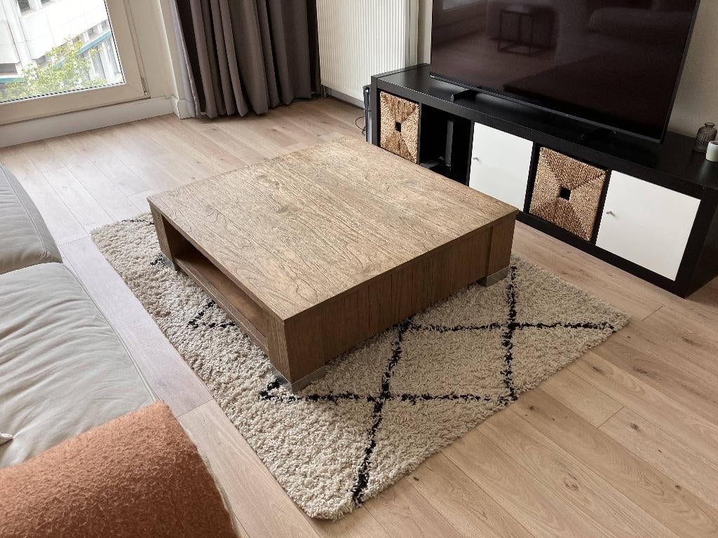 Hardhouten Salontafel — Massief Hout, 101x101 cm, met Lades, Huis en Inrichting, Tafels | Salontafels, Ophalen, Gebruikt, Minder dan 50 cm