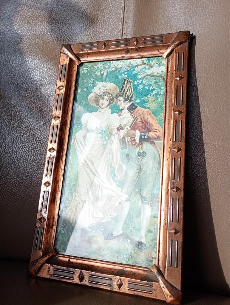 Antieke Jugendstil Koperen Fotolijst met Romantische Print, Ophalen of Verzenden