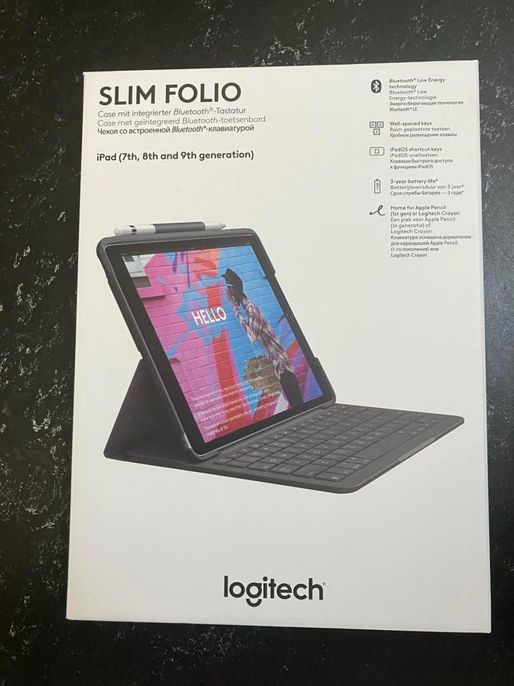Logitech Slim Folio iPad hoes met toetsenbord, Computers en Software, Tablet-hoezen, Zo goed als nieuw, Bescherming voor- en achterkant