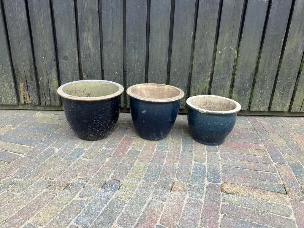 Set van drie blauw geglazuurde bloempotten, Ophalen, Overige soorten, Volle zon