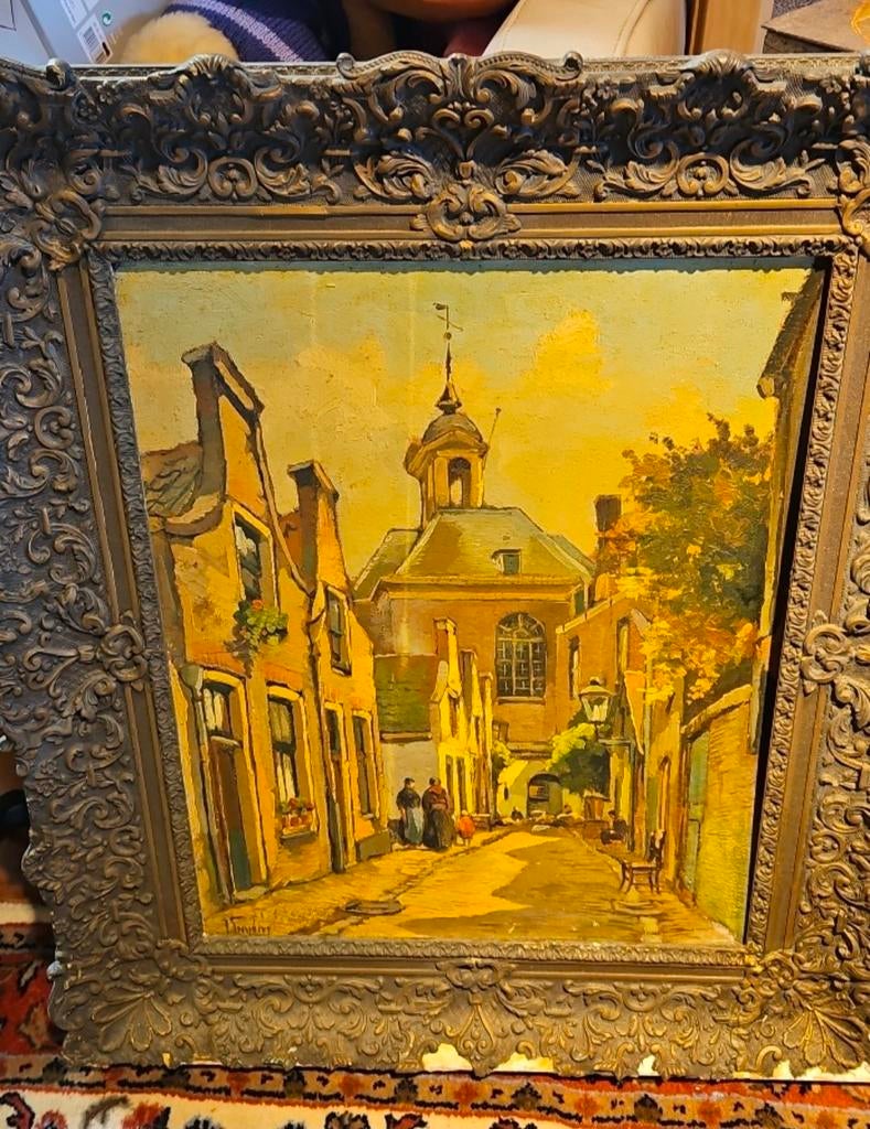 Schilderij Oud Schiedam, Roosbeek achter Gasthuiskerk, Ophalen of Verzenden