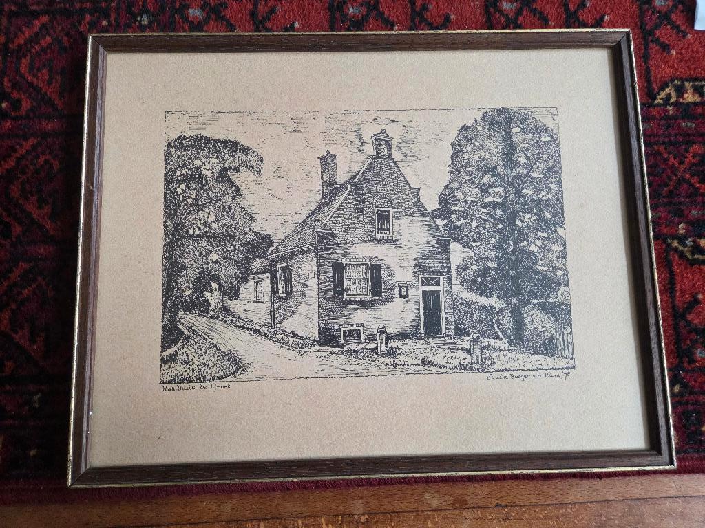 Mooie tekening van het Raadhuis Te Groet. Getekend in 1978, Antiek en Kunst, Ophalen of Verzenden