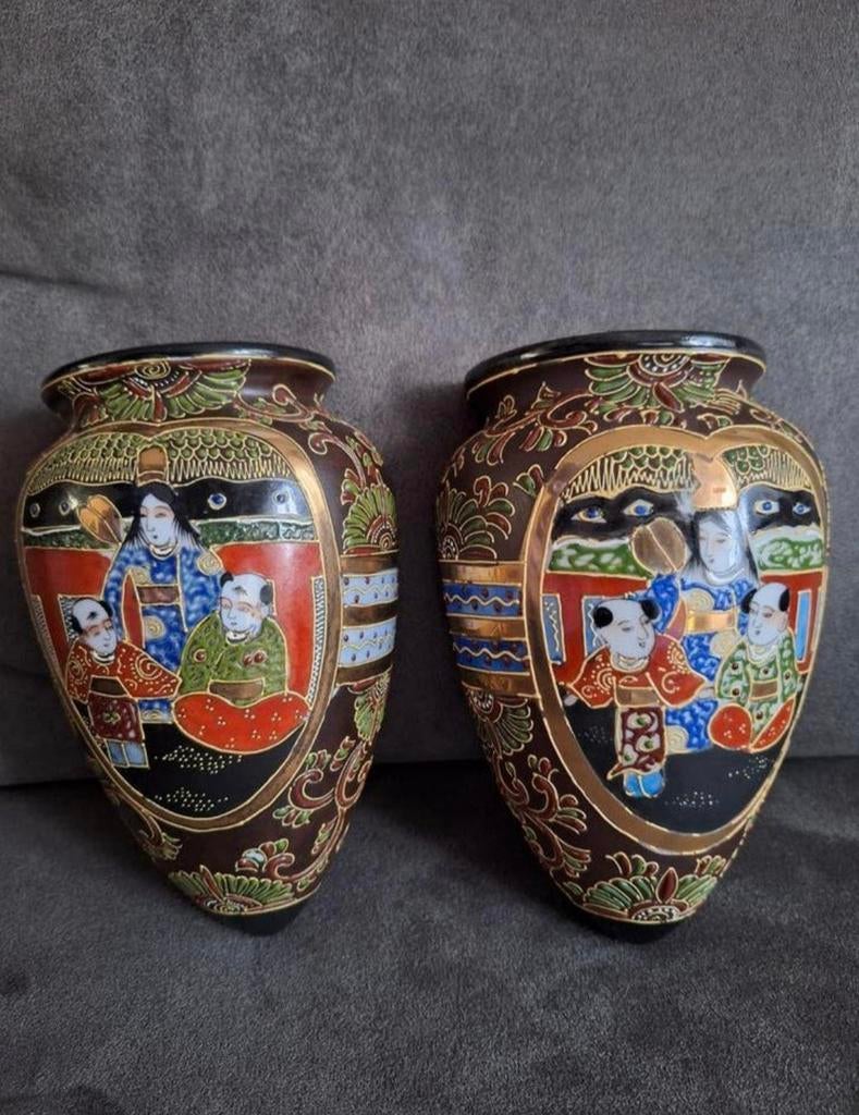 Set van 2 Antieke Satsuma Vazen - Handgeschilderd, Antiek en Kunst, Ophalen of Verzenden