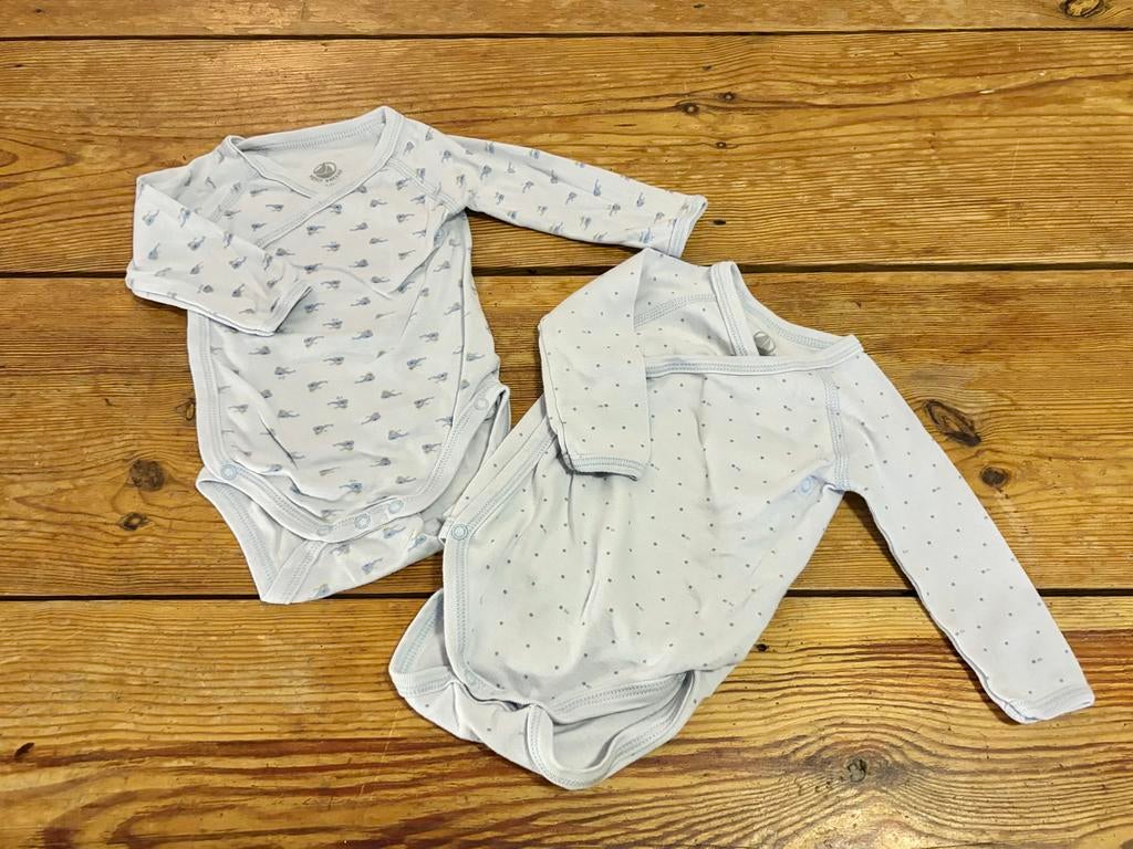 Set 2x Petit Bateau overslag romper lichtblauw maat 56, Kinderen en Baby's, Ophalen of Verzenden, Zo goed als nieuw, Jongetje