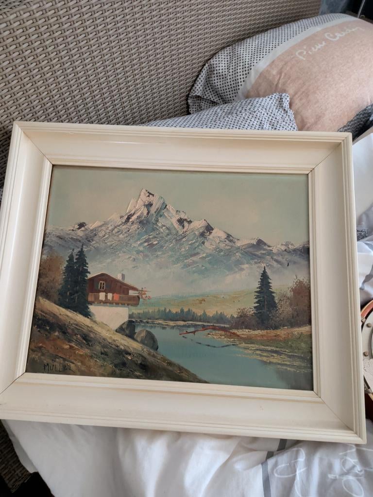 Schilderij berglandschap met huis en meer, gesigneerd, Ophalen