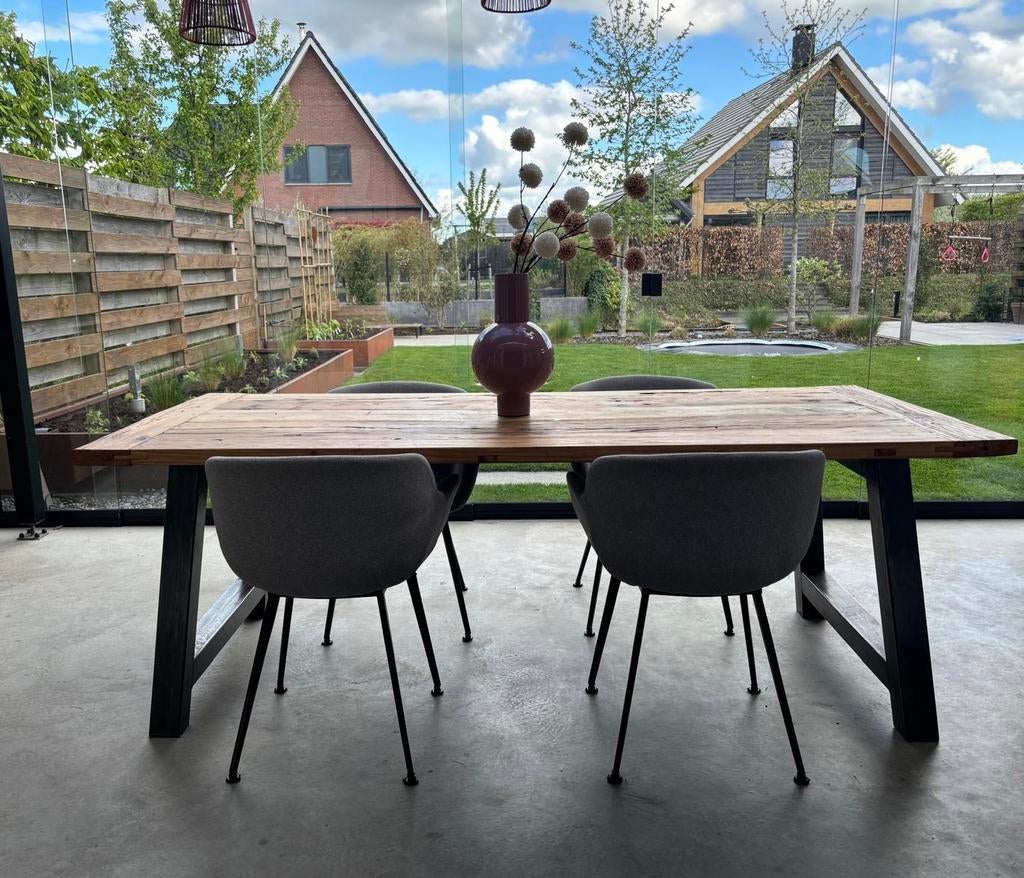 Eiken houten eettafel 220 x 100 massief, Ophalen, 200 cm of meer, 50 tot 100 cm, Zo goed als nieuw