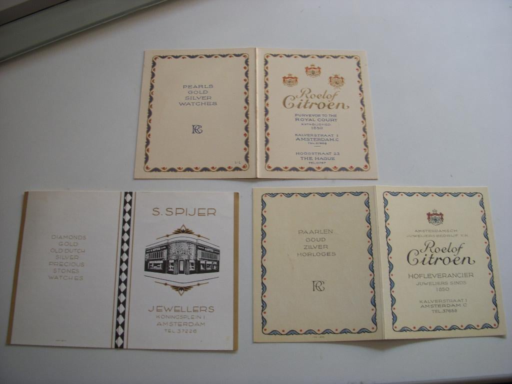 3 Jaren 30 folders Amsterdamse Juweliersbedrijven, Folder, Speijer, Roelof Citroen Juweliers Amsterdam, Ophalen of Verzenden, Zo goed als nieuw