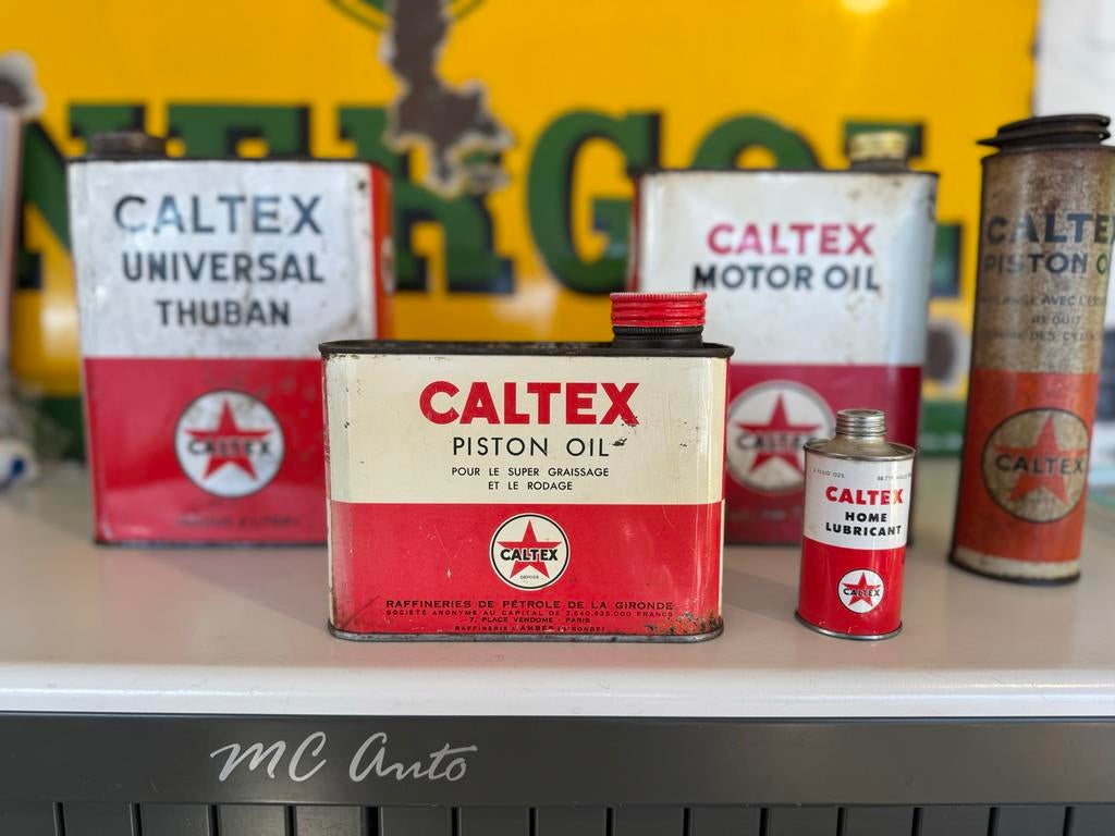 Vintage Caltex Olieblikken - Decoratie Set, Verzamelen, Ophalen of Verzenden, Gebruikt, Auto's