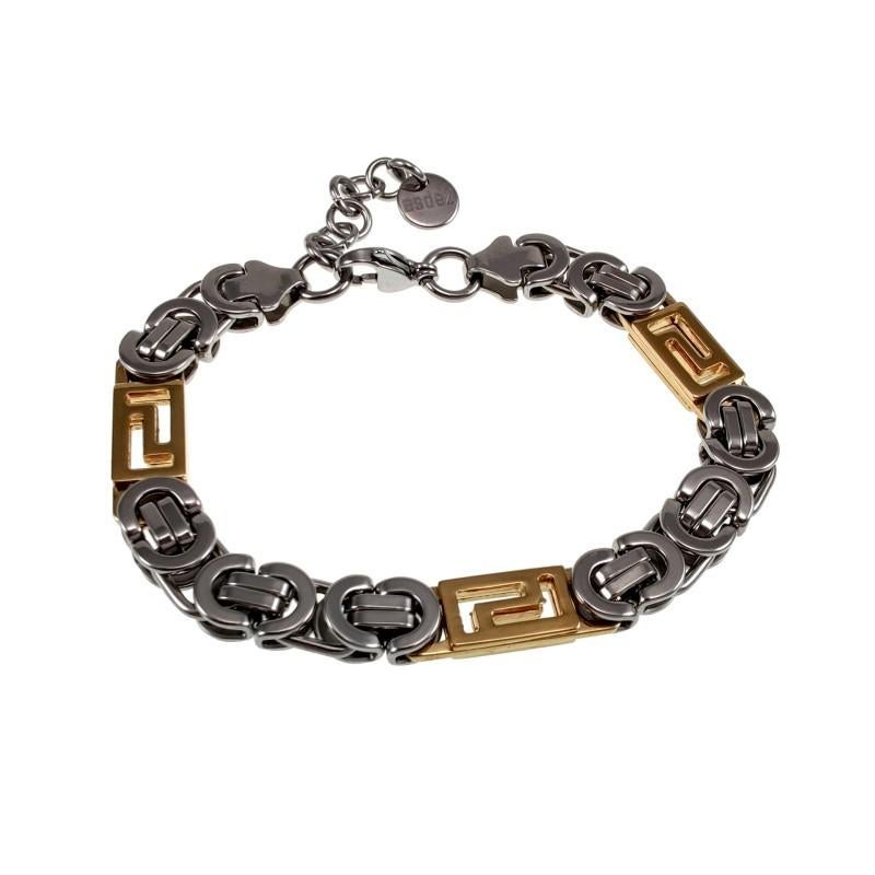 Koningsarmband Unisex Bicolor RVS Platte en Griekse Schakels, Staal, Nieuw, A, Zilver