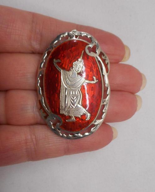 Zilveren antieke broche / hanger met emaillen nr.1037, Sieraden, Tassen en Uiterlijk, Antieke sieraden, Broche, Zilver, Verzenden