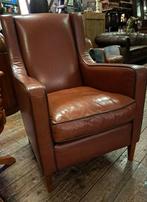 Prachtige echte lederen fauteuil kleur Cognac zwarte biezen, Huis en Inrichting, Fauteuils, 75 tot 100 cm, Gebruikt, 75 tot 100 cm