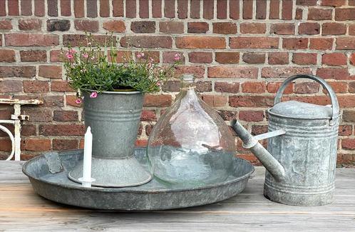Brocante oude grote zinken schaal / dienblad 71 cm doorsnede, Antiek en Kunst, Curiosa en Brocante, Ophalen of Verzenden
