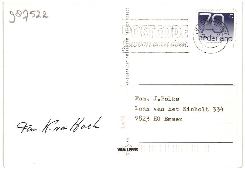 987522 Terschelling Wad 80+ Gelopen met postzegel, Ophalen of Verzenden, 1980 tot heden, Gelopen, Waddeneilanden