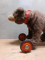 Vintage pluche beer op wielen – jaren 50/60 – glazen ogen, Antiek en Kunst, Antiek | Speelgoed, Ophalen of Verzenden