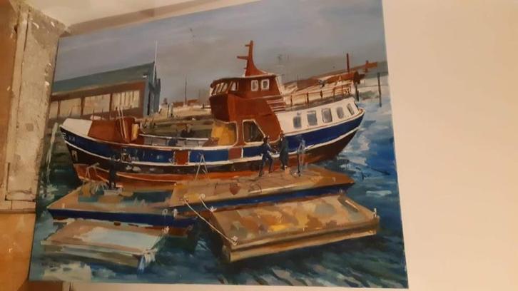 SPOED! Schilderij vissersboot Scheveningen Anneloes Groot, Antiek en Kunst, Kunst | Schilderijen | Klassiek, Ophalen