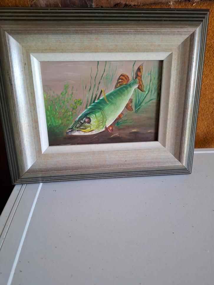 Schilderijtje: Snoek in het Water, Antiek en Kunst, Kunst | Schilderijen | Klassiek, Ophalen of Verzenden