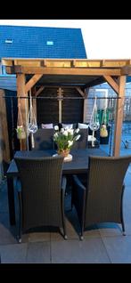 Tafel met 4 zwarte wicker stoelen met kussens, Tuin en Terras, Wicker, Gebruikt, Ophalen of Verzenden